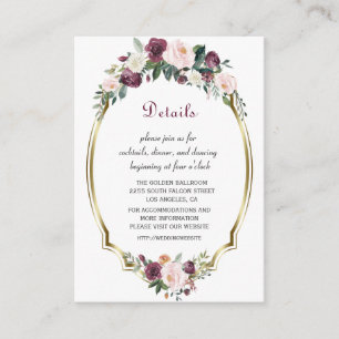 Carte D'accompagnement Gold Burgundy Blush Floral Détails du Mariage