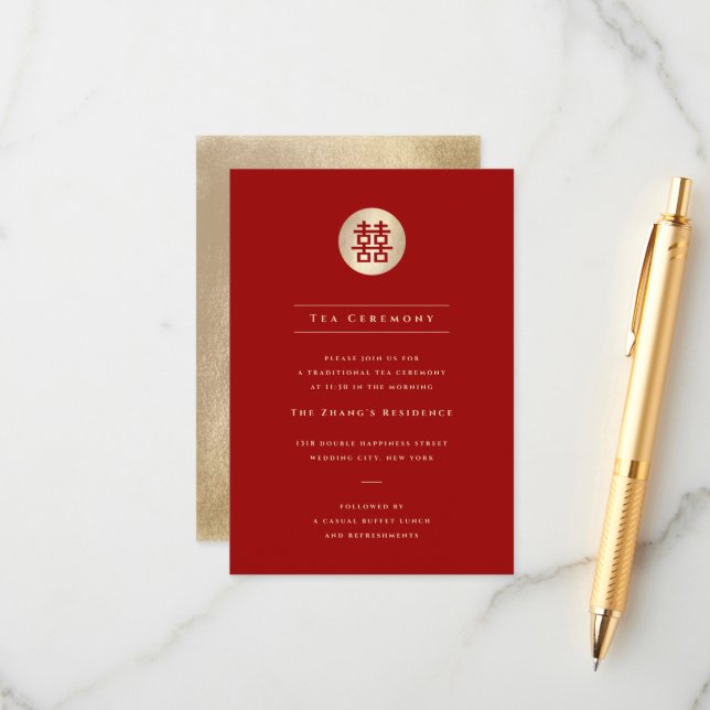 Carte D'accompagnement Gold Circle Double Bonheur Chic Mariage chinois (Devant/Arrière en situation)