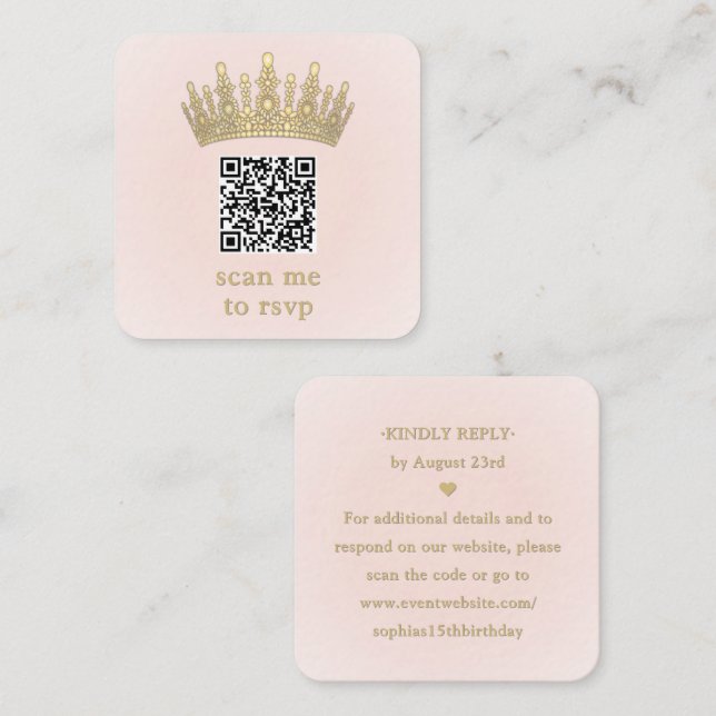 Carte D'accompagnement Gold Crown Blush Pink Quinceañera Scan Me QR RSVP (Devant / Derrière)