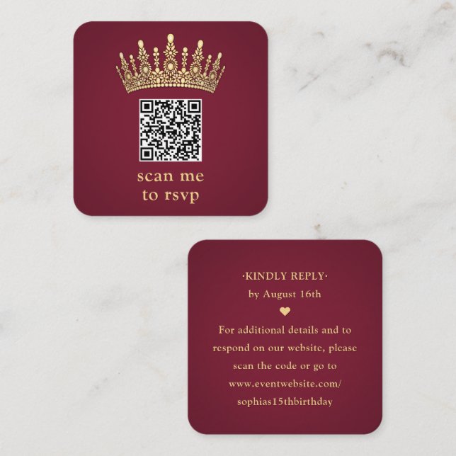Carte D'accompagnement Gold Crown Burgundy Quinceañera Scan Me QR RSVP (Devant / Derrière)