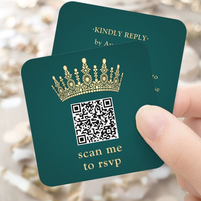 Carte D'accompagnement Gold Crown Dark Green Quinceañera Scan Me QR RSVP (Créateur téléchargé)