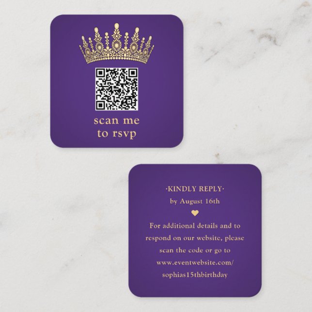 Carte D'accompagnement Gold Crown Dark Purple Quinceañera Scan Me QR RSVP (Devant / Derrière)