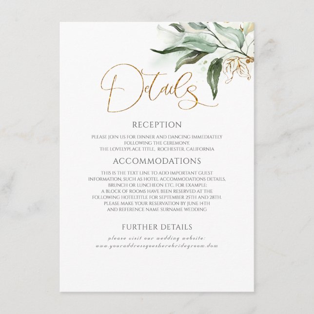 Carte D'accompagnement Gold Feuilles & Eucalyptus Greenery Détails du Mar (Devant)