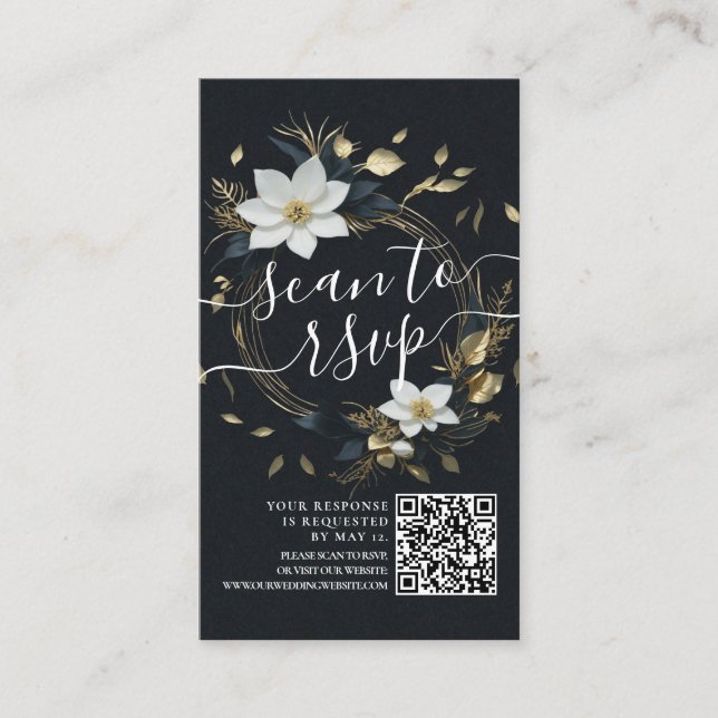 Carte D'accompagnement Gold Floral Wreath Mariage QR Code Site Web RSVP (Devant)