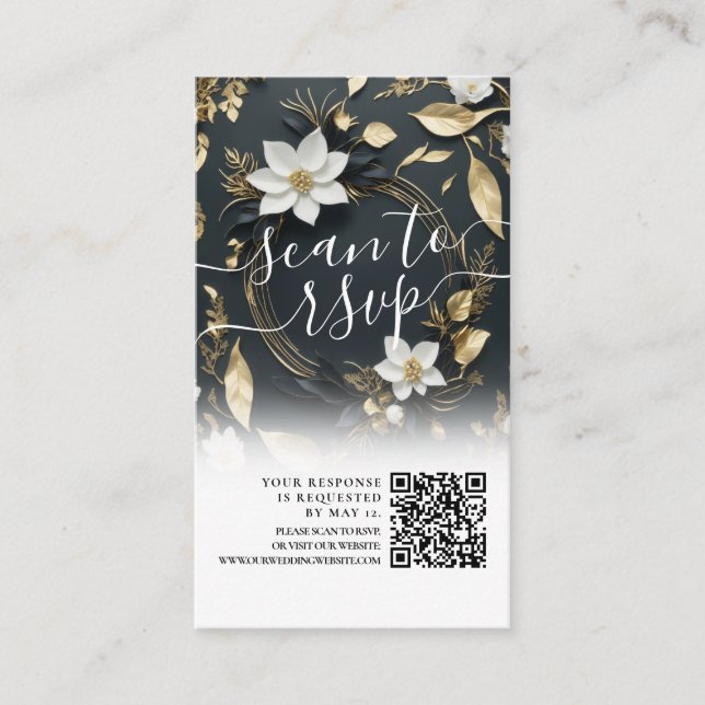 Carte D'accompagnement Gold Floral Wreath Mariage QR Code Site Web RSVP (Devant)