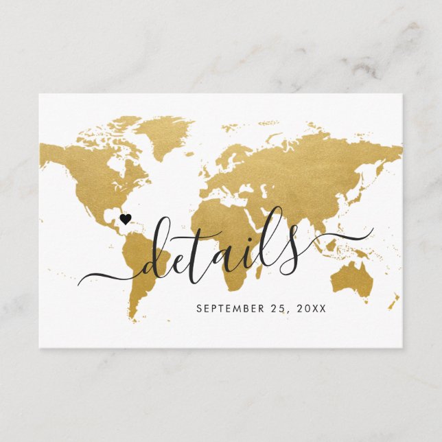 Carte D'accompagnement Gold Foil Look World Map Hotel Travel Information (Devant)
