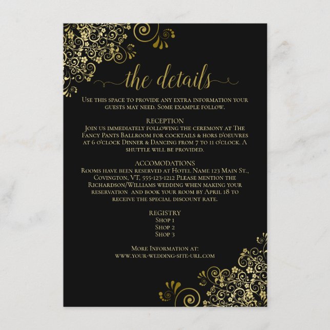 Carte D'accompagnement Gold Frills Elegant Black Mariage Détails (Devant)