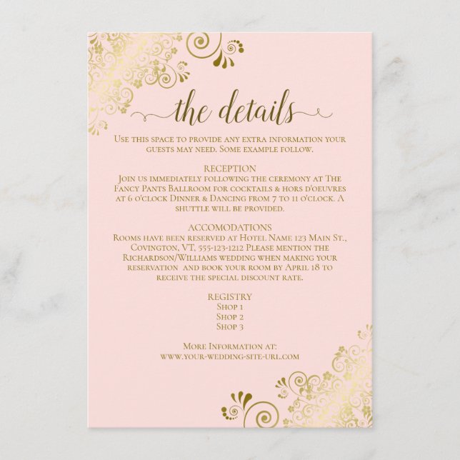 Carte D'accompagnement Gold Frills Elegant Blush Pink Mariage Détails (Devant)