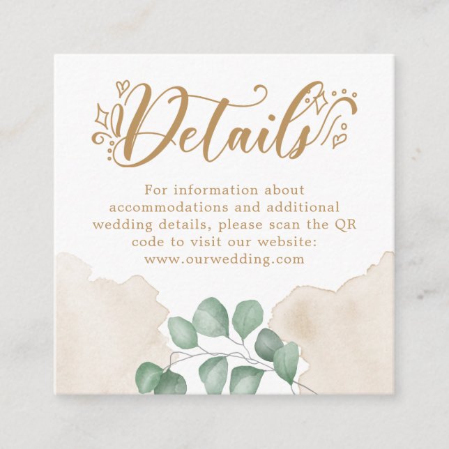 Carte D'accompagnement Gold Greenery QR Code Détails du Mariage (Devant)