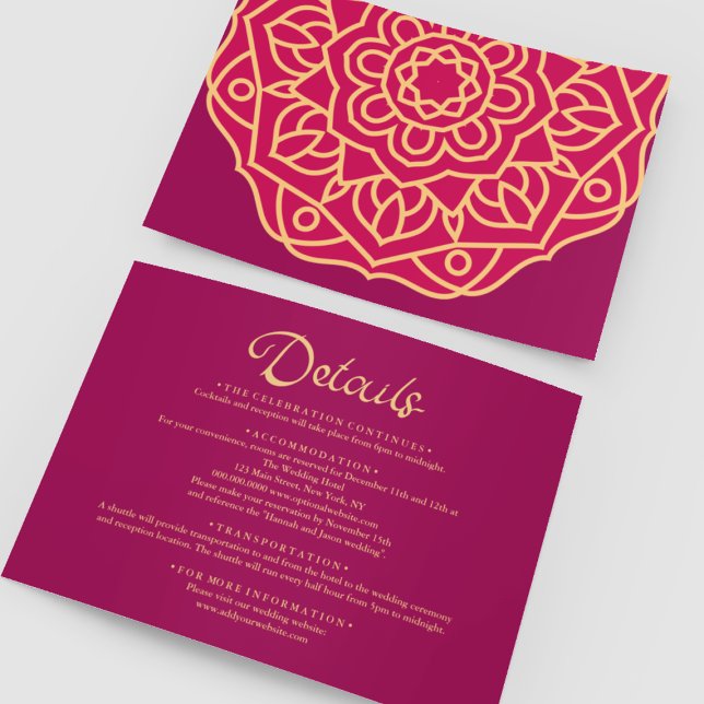 Carte D'accompagnement Gold Magenta Mandala Mariage indien Détails (Gold Magenta Mandala Indian Wedding Details Enclosure Card
)