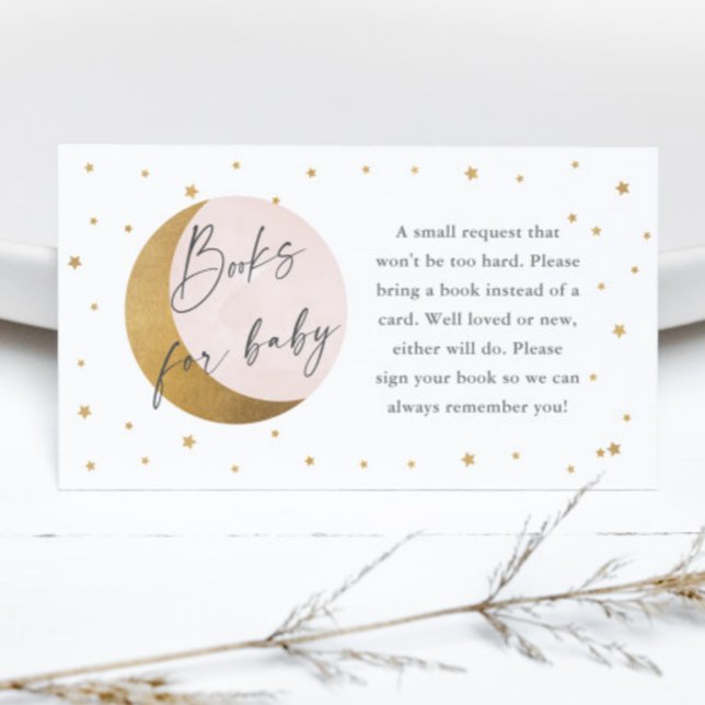 Carte D'accompagnement Gold Moon et Star Baby shower Livres pour bébé (Gold Moon and Stars Pink Baby Shower Books for Baby Enclosure Card.)