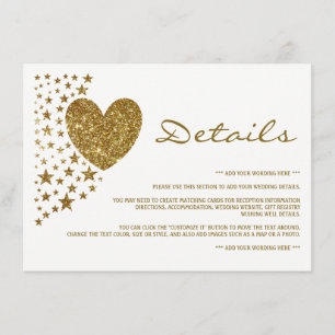 Carte D'accompagnement Gold Parties scintillant Coeur et étoiles Mariage 