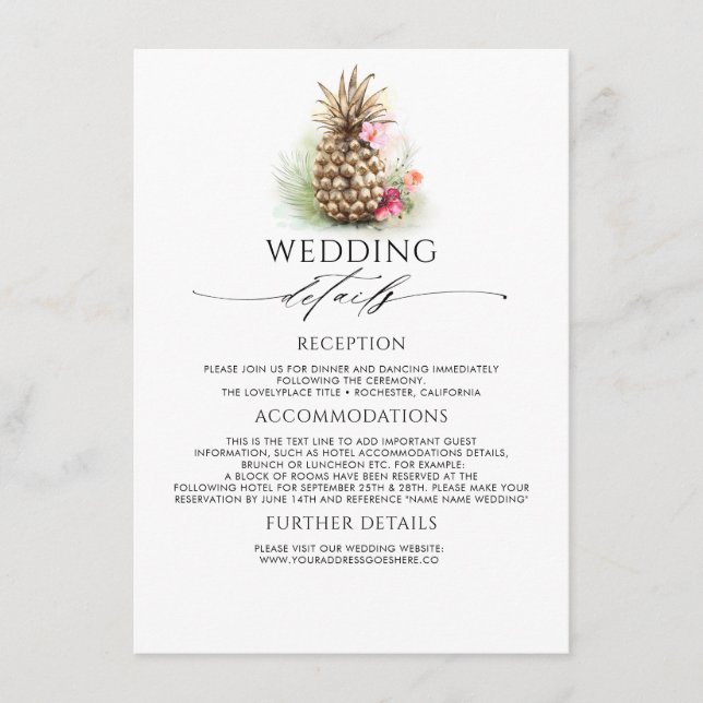 Carte D'accompagnement Gold Pineappy Mariage Information Invité (Devant)