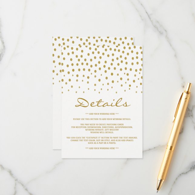 Carte D'accompagnement Gold Polka Dot - Blanc & Or - Détails Mariage (Devant/Arrière en situation)