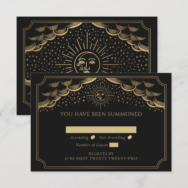Carte D'accompagnement Gold Sun et Moon Tarot Card Mariage RSVP (Devant / Derrière)