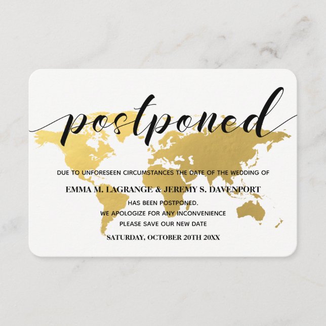 Carte D'accompagnement Gold World map changement de date Mariage (Devant)