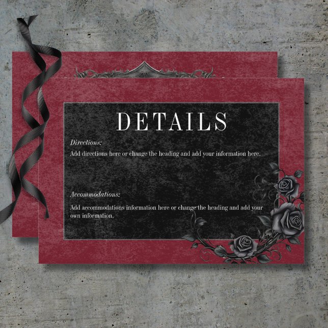 Carte D'accompagnement Gothique noir corbeau & noir Rose Détails du vin (Gothic Black Raven & Black Roses Wine Details Enclosure Card)