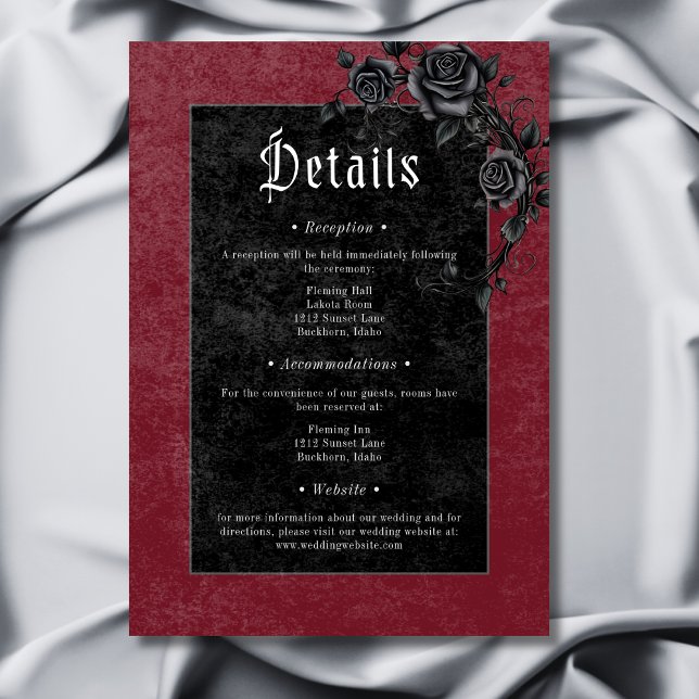 Carte D'accompagnement Gothique noir corbeau Rose Bourgogne Mariage Détai (Gothic Black Raven Roses Burgundy Wedding Details Enclosure Card)