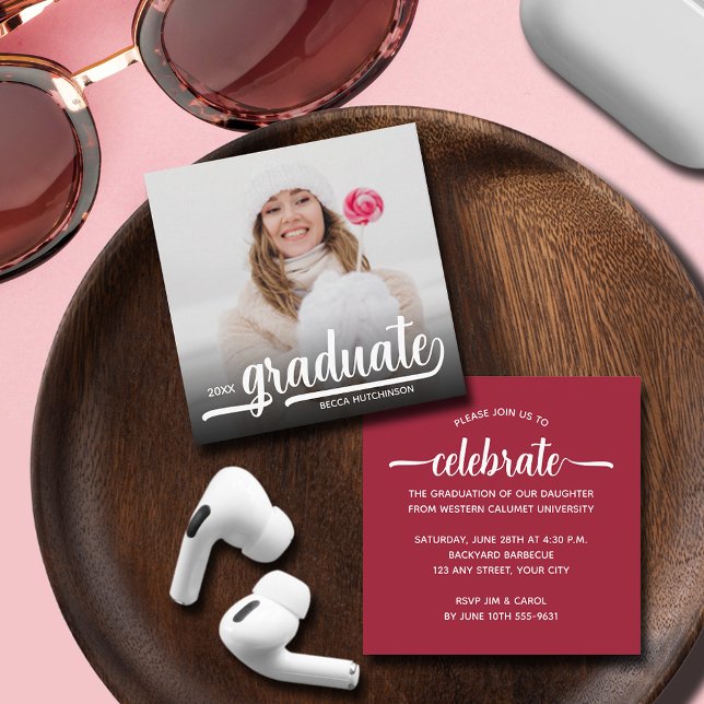 Carte D'accompagnement Graduation moderne de Crimson Photo (SMALL 2.5" SQUARE graduation invitations are perfect to enclose with  announcements or to hand out.)