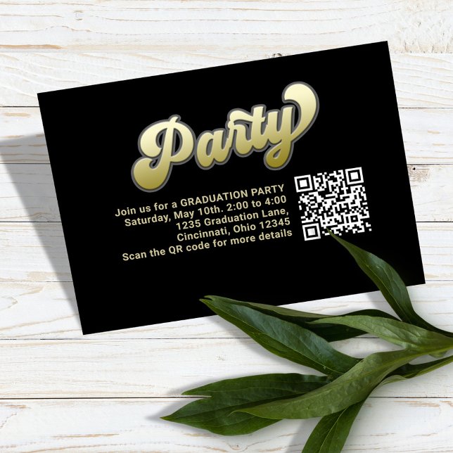 Carte D'accompagnement Graduation Party QR Code Or Typographie moderne (Graduation black and gold enclosure card with scannable QR Code. )