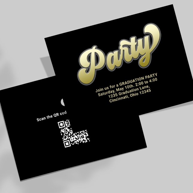Carte D'accompagnement Graduation Party QR Code Or Typographie moderne (Graduation black and gold enclosure card with scannable QR Code. )
