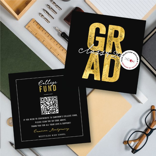 Carte D'accompagnement Gras Gold GRAD Stylish Graduation College Fonds (Bold Gold GRAD Stylish Graduation College Fund Insert / Enclosure Card @ zazzle.com/color_therapy)
