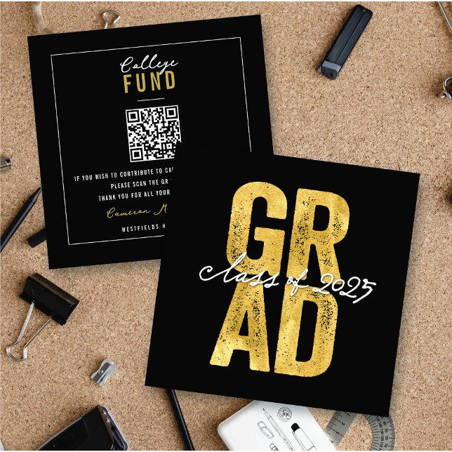 Carte D'accompagnement Gras Gold GRAD Stylish Graduation College Fonds (Bold Gold GRAD Stylish Graduation College Fund Insert / Enclosure Card @ zazzle.com/color_therapy)