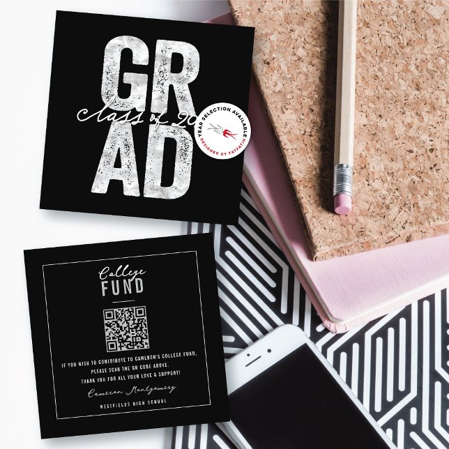 Carte D'accompagnement Gras Silver GRAD Stylish Graduation College Fonds (Bold Silver GRAD Stylish Graduation College Fund Insert / Enclosure Card @ zazzle.com/color_therapy)