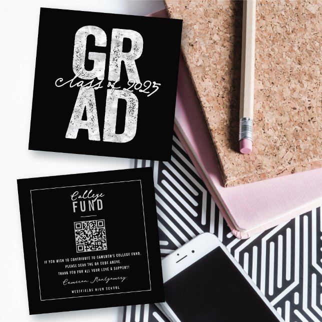 Carte D'accompagnement Gras Silver GRAD Stylish Graduation College Fonds (Bold Silver GRAD Stylish Graduation College Fund Insert / Enclosure Card @ zazzle.com/color_therapy)