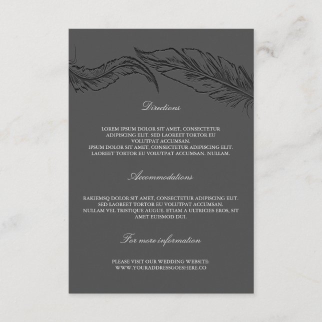 Carte D'accompagnement Gray Elegant Feathers Détails du Mariage (Devant)