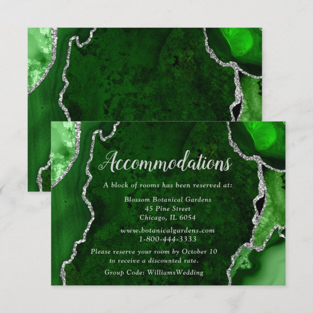Carte D'accompagnement Green and Silver Agate Wedding Accommodations (Devant / Derrière)