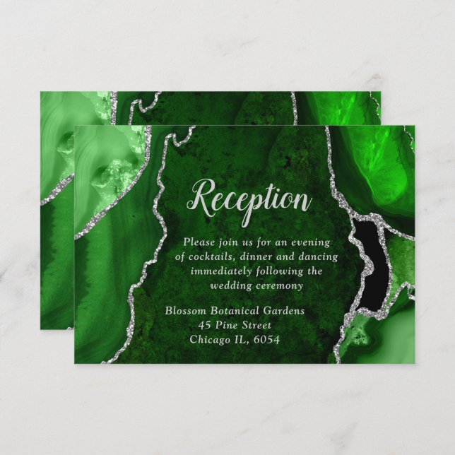 Carte D'accompagnement Green and Silver Agate Wedding Reception (Devant / Derrière)