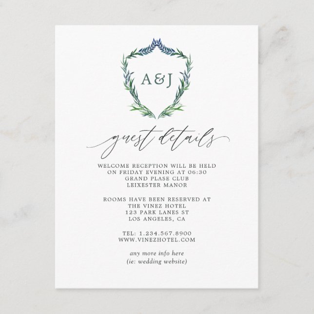Carte D'accompagnement Green Crest Monogram Mariage Détails du client (Devant)