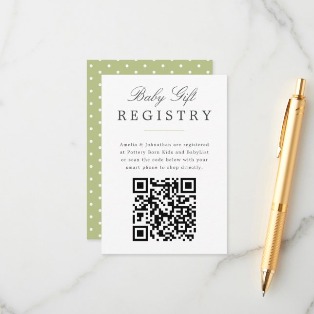 Carte D'accompagnement Green Elegant Baby Gift Registry avec code QR (Devant/Arrière en situation)