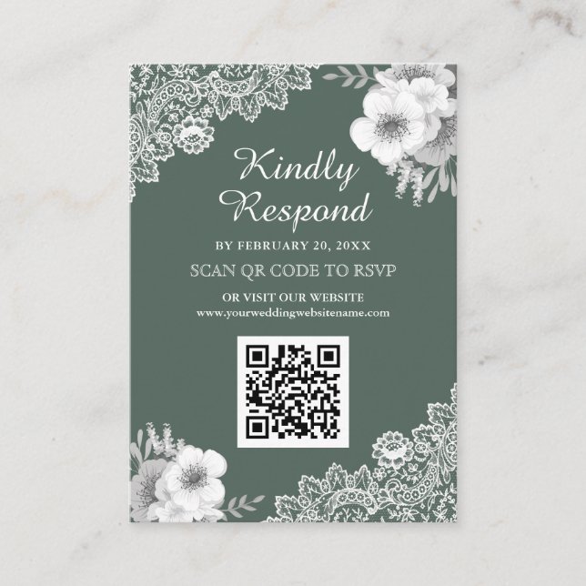 Carte D'accompagnement Green Floral Lace QR Code RSVP Mariage Website (Devant)