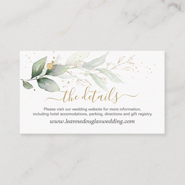 Carte D'accompagnement Green & gold feuillage Mariage Détails Site web (Devant)