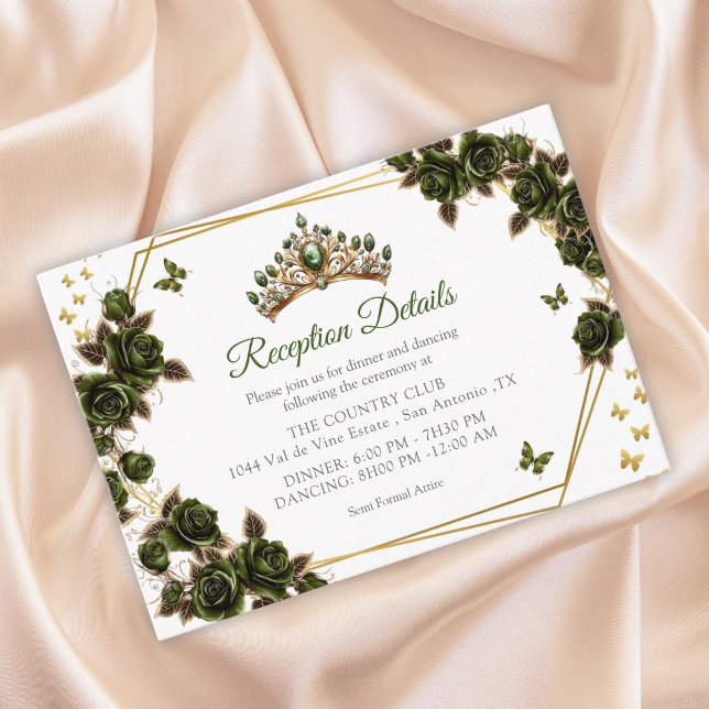 Carte D'accompagnement Green Golden Tiara Roses Butterflies Quinceañera (Créateur téléchargé)