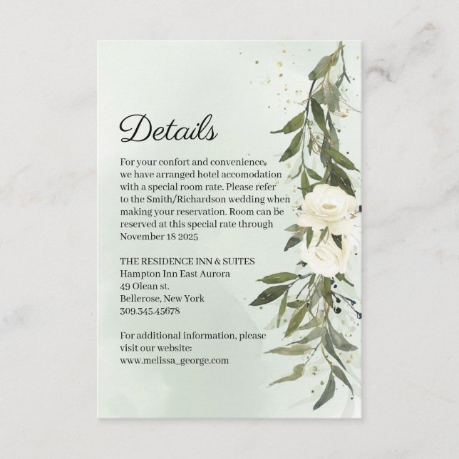 Carte D'accompagnement Green Olive Wreath White Roses Détails du Mariage (Devant)