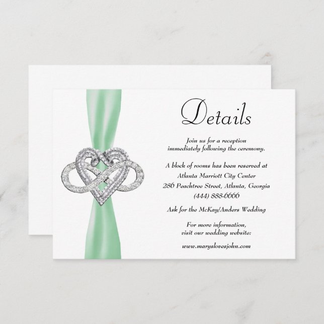 Carte D'accompagnement Green Ribbon Infinity Heart Détails du Mariage (Devant / Derrière)