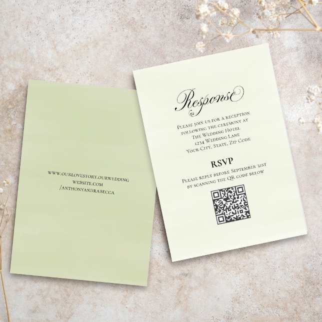 Carte D'accompagnement Green Script Wedding QR Code RSVP Elegant  (Elegant greenery script RSVP with QR code for easy online guest responses.)