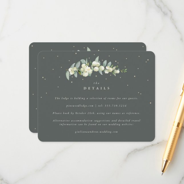 Carte D'accompagnement Green Snowberry+Eucalyptus Stem Détails du Mariage (Devant/Arrière en situation)