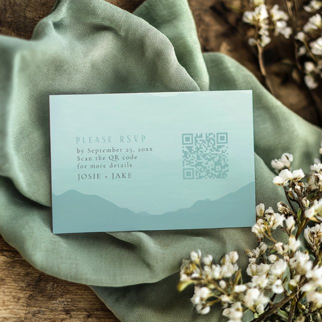 Carte D'accompagnement Green soft mountain mariage rsvp avec code qr (A Simple and Elegant Way to Collect RSVPs Soft green painted mountains wedding rsvp with qr code)