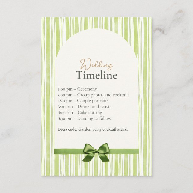 Carte D'accompagnement Green Stripe Wedding Timeline Cards with QR Code (Devant)