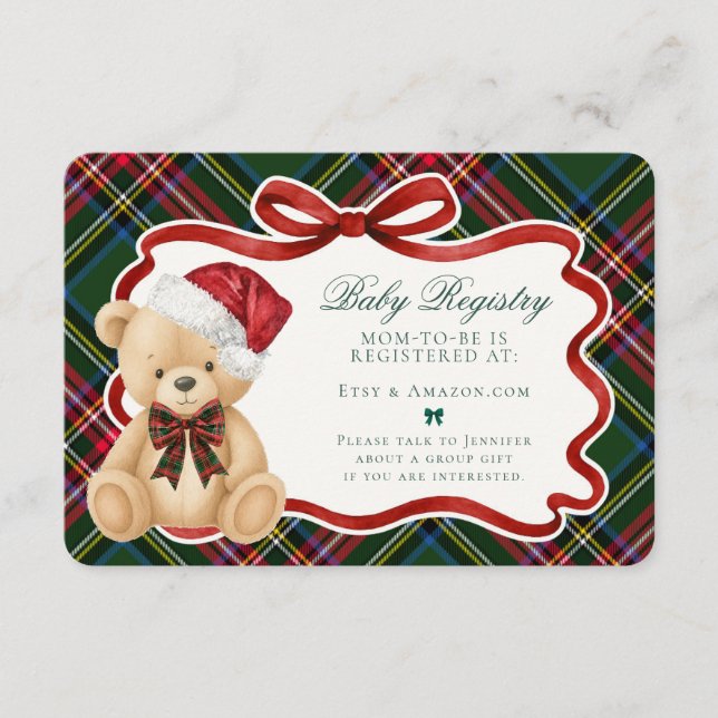 Carte D'accompagnement Green Tartan Plaid Christmas Bear Baby Registry (Devant)