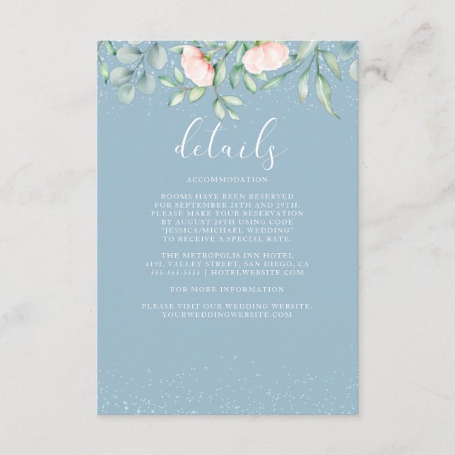 Carte D'accompagnement Greenery Peach Rose Dusty Blue Détails du Mariage (Devant)