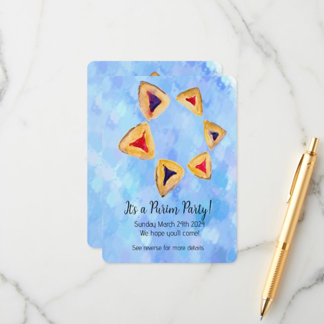 Carte D'accompagnement Hamantaschen Star Purim Party Enceinte d'invitatio (Devant/Arrière en situation)