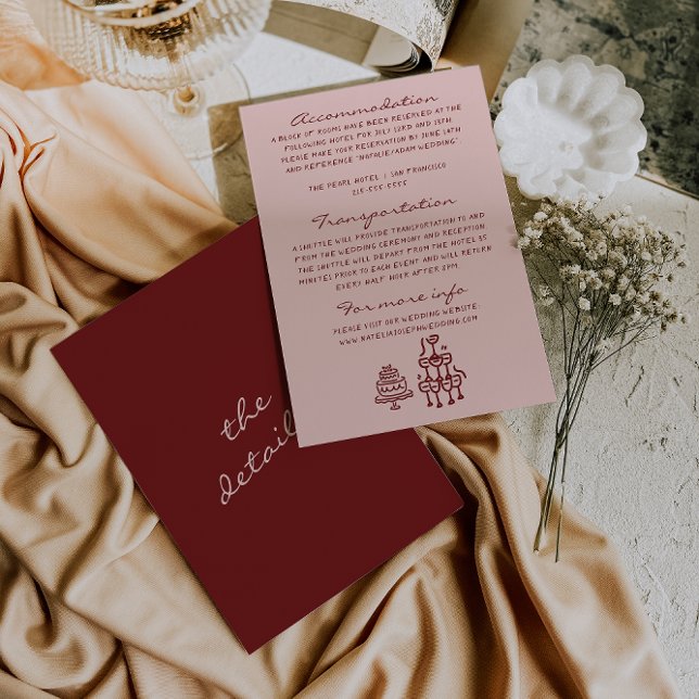 Carte D'accompagnement Hand Drawn Written Pink Burgundy Wedding Details (Créateur téléchargé)