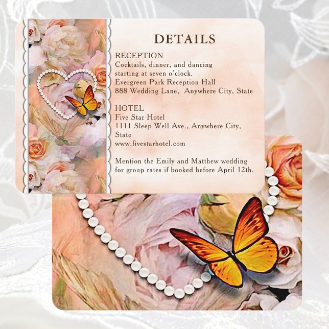 Carte D'accompagnement Heart Floral Rose Butterfly Mariage Détails du cli (Heart Floral Rose Butterfly Wedding Guest Details Enclosure Card)
