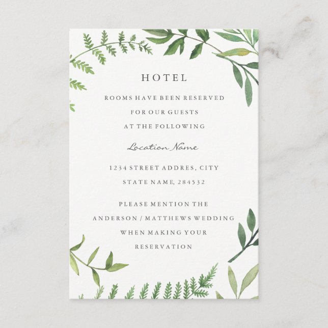 Carte D'accompagnement Hébergement à l'hôtel Green Leaf Wedding (Devant)