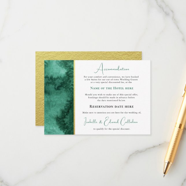 Carte D'accompagnement Hébergement chic lavis aquarelle vert émeraude (Devant/Arrière en situation)